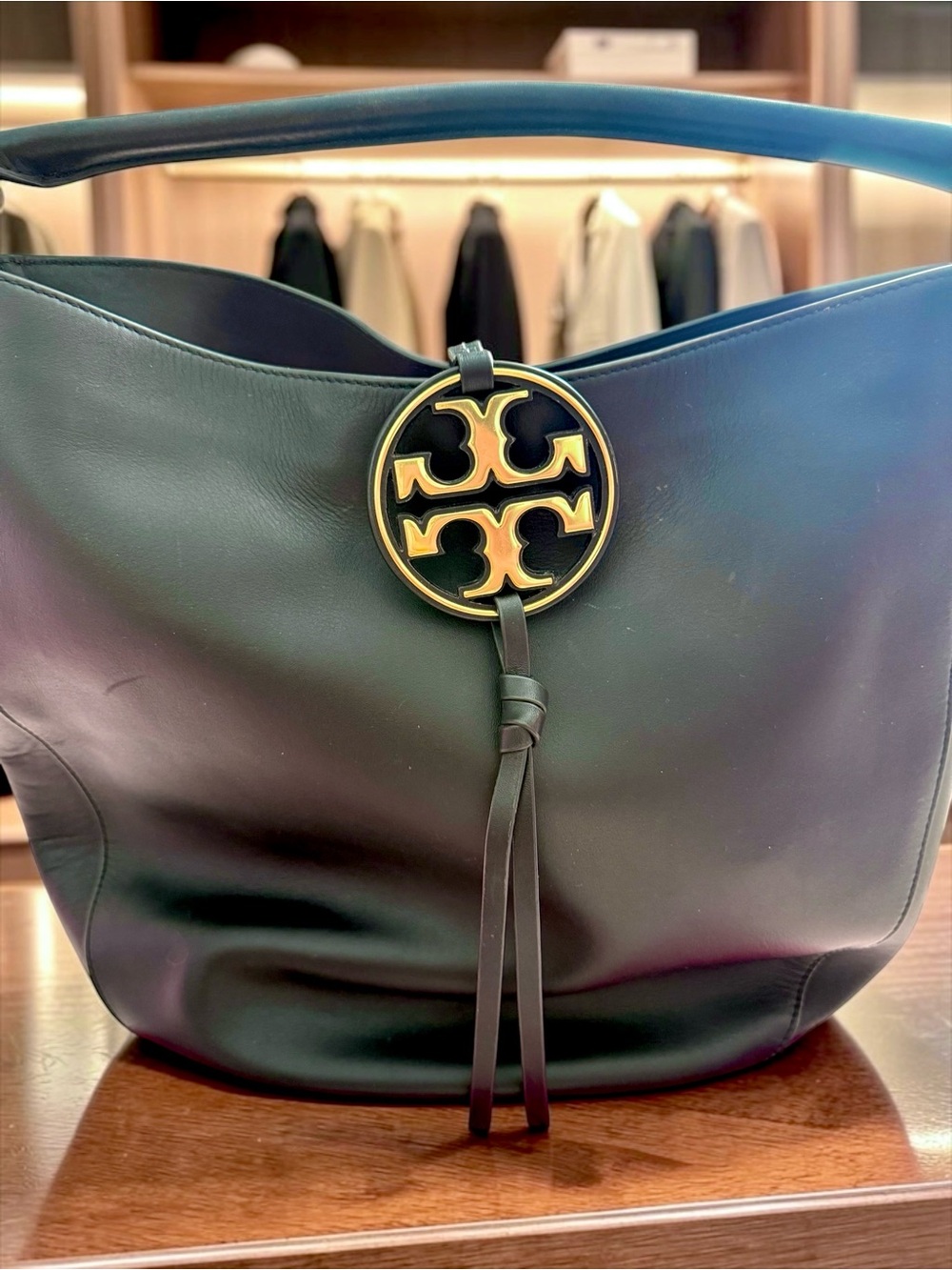 Tory Burch Black Leather Shoulder Hobo with Gold Logo Medallion